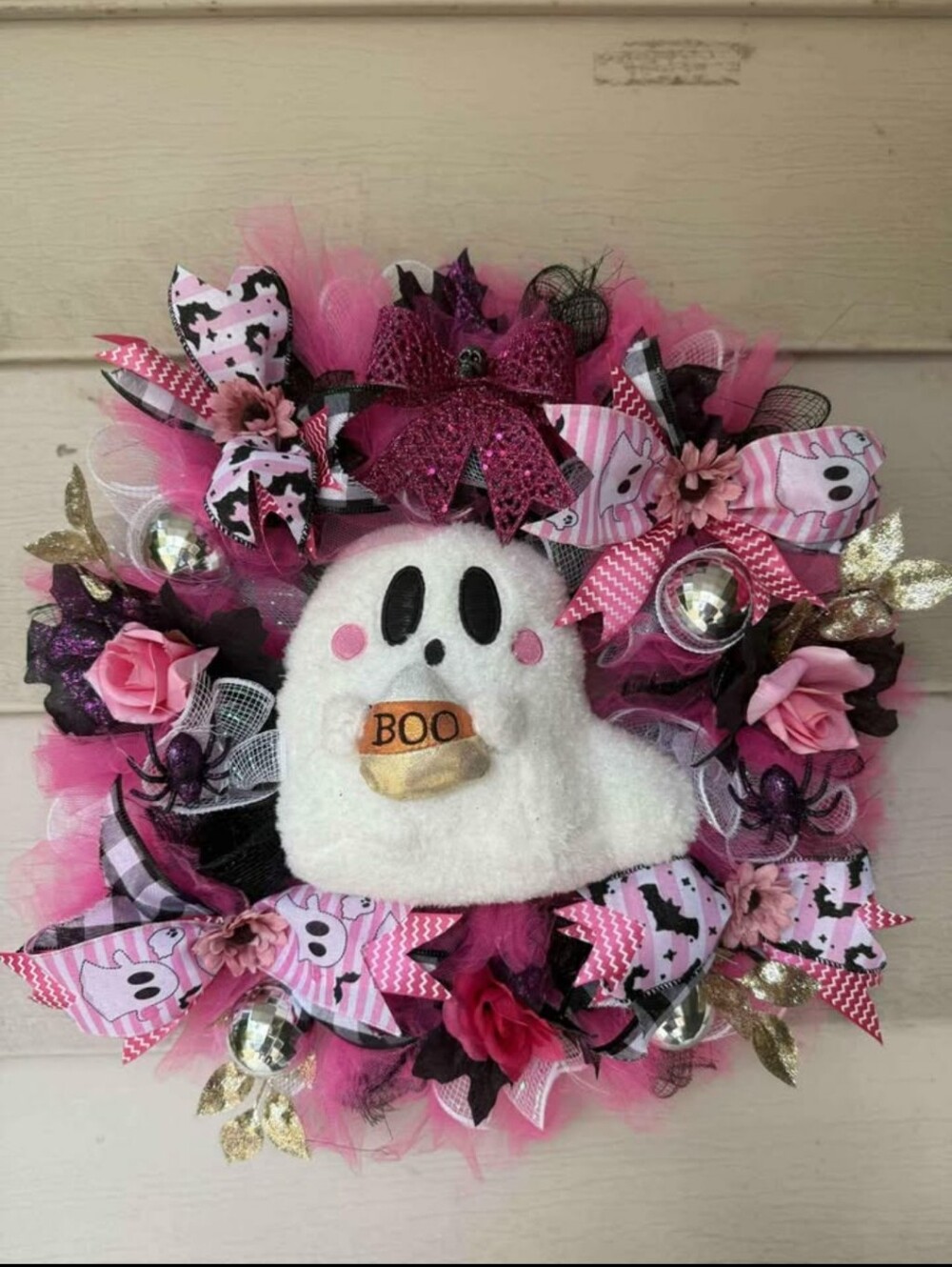 Pink and White Halloween Ghost Wreath with 'BOO' Accent Handmade